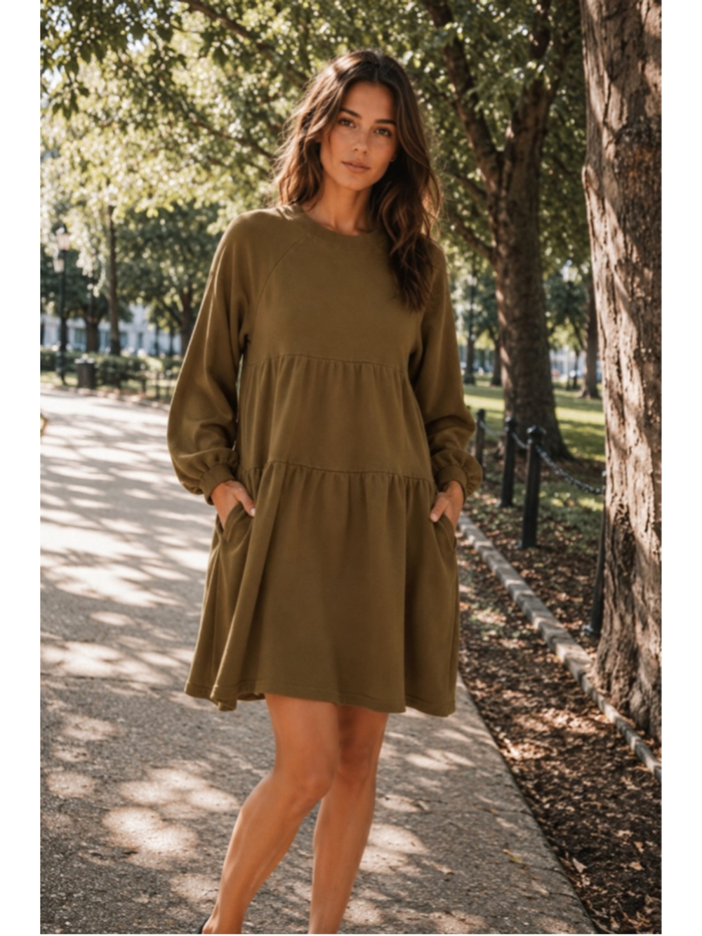 Natural Life Olive Green Tiered Sweatshirt Dress Cottagecore Quiet Luxury Boho M